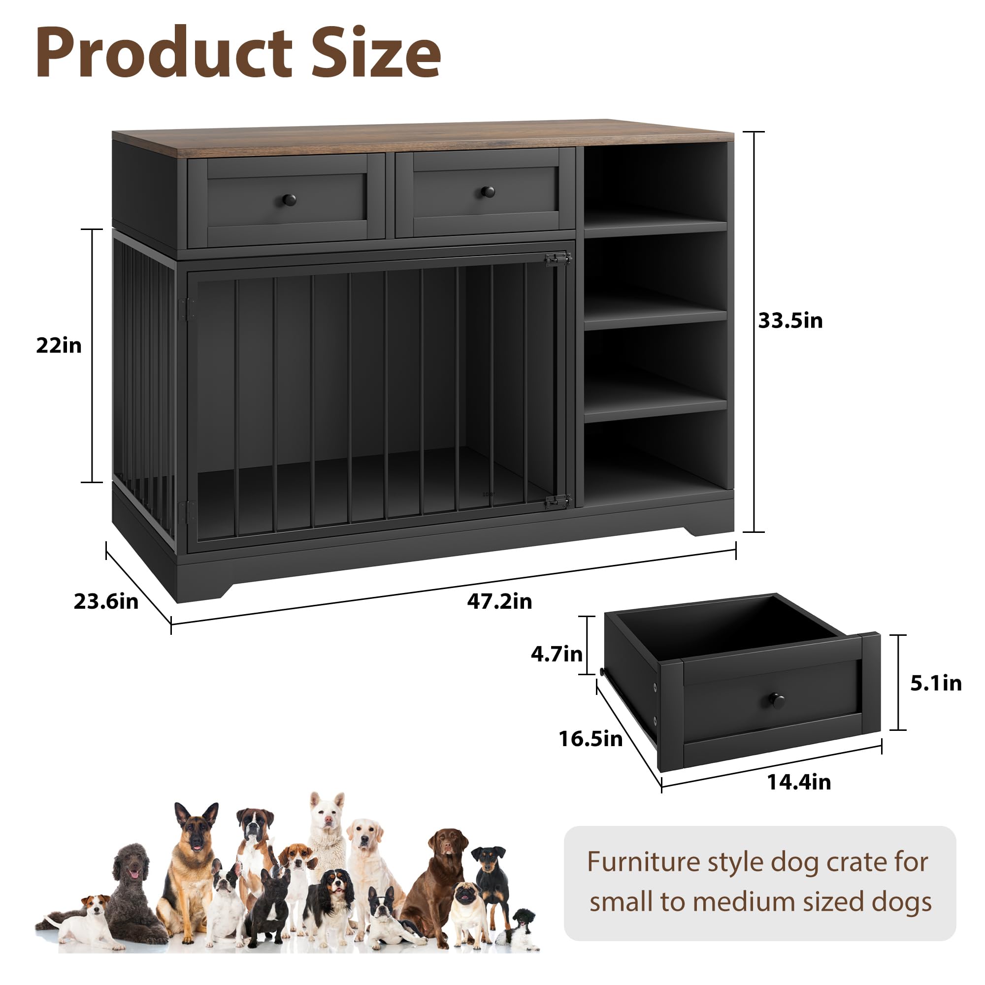 Litake Dog Crate Furniture 47”, Large Dog Crate TV Stand with 2 Drawers and 4 Shelves, Wooden Dog Kennel Indoor, Decorative Dog Cage with Storage for Large Dogs, Black