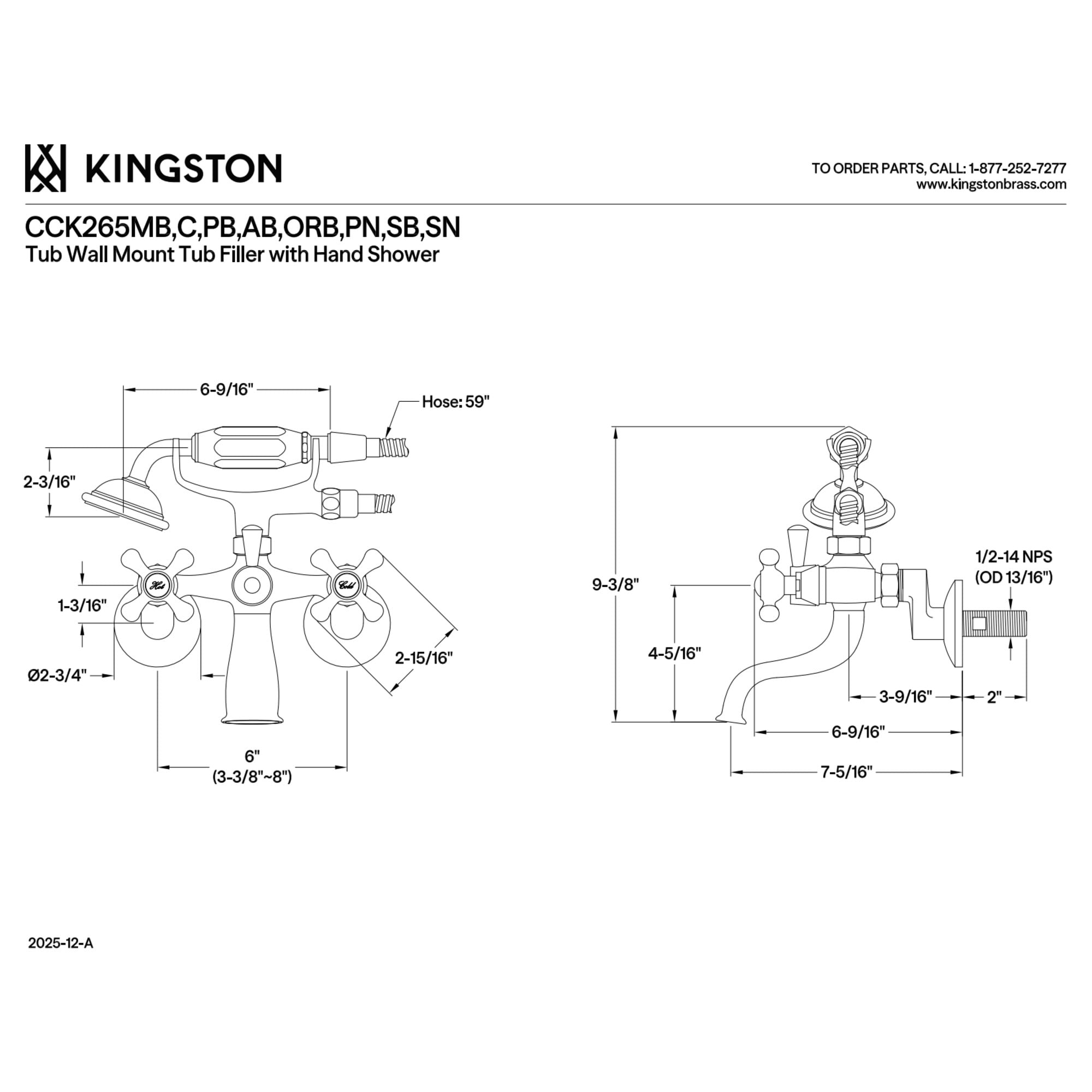 Kingston Brass CCK265C Vintage Wall Mount Clawfoot Tub Faucet Package with Supply Line, Hand Shower and Tub Drain, Polished Chrome