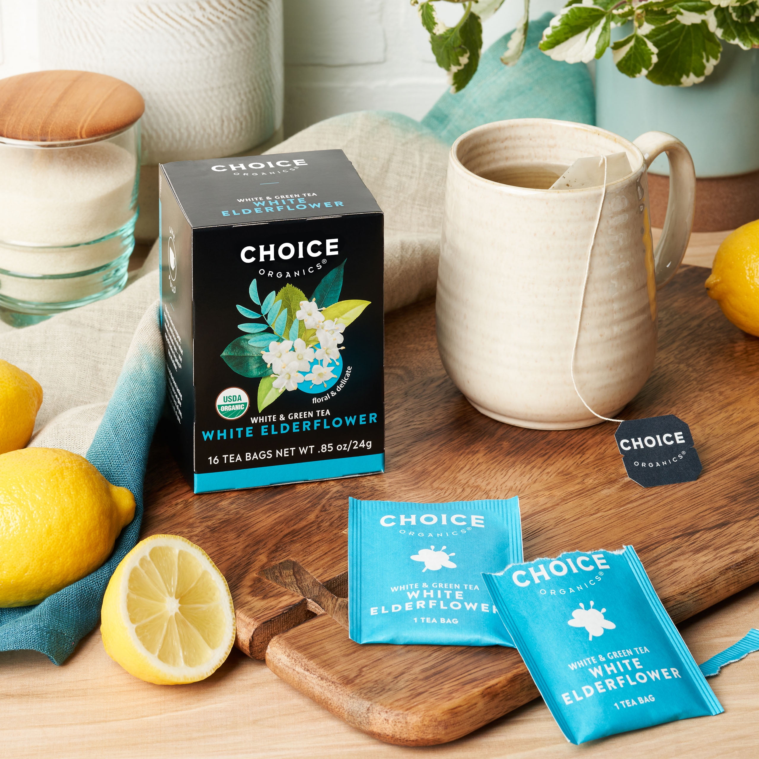Choice Organics White Elderflower Tea, Contains Caffeine, Green Tea Bags, 6 Boxes of 16