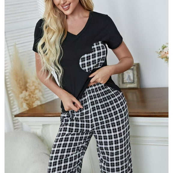 Women's Pajamas Sets 2 Piece V-neck Short Sleeve Sleepwear Cute Heart Lounge Sets