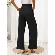 Chiclily Womens Wide Leg Pants with Pockets Lightweight High Waisted Adjustable Tie Knot Loose Trousers Flowy Summer Beach Lounge Pants, US Size Large in Black
