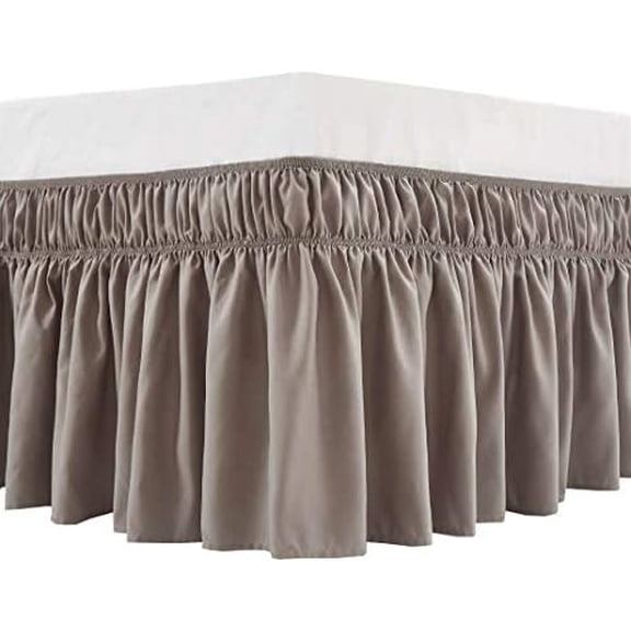 Wrap Around Bed Skirt Three Fabric Sides Elastic Dust Ruffled 24 Inch Tailored Drop,Easy to Install Fade Resistant-Taupe, Twin/Full