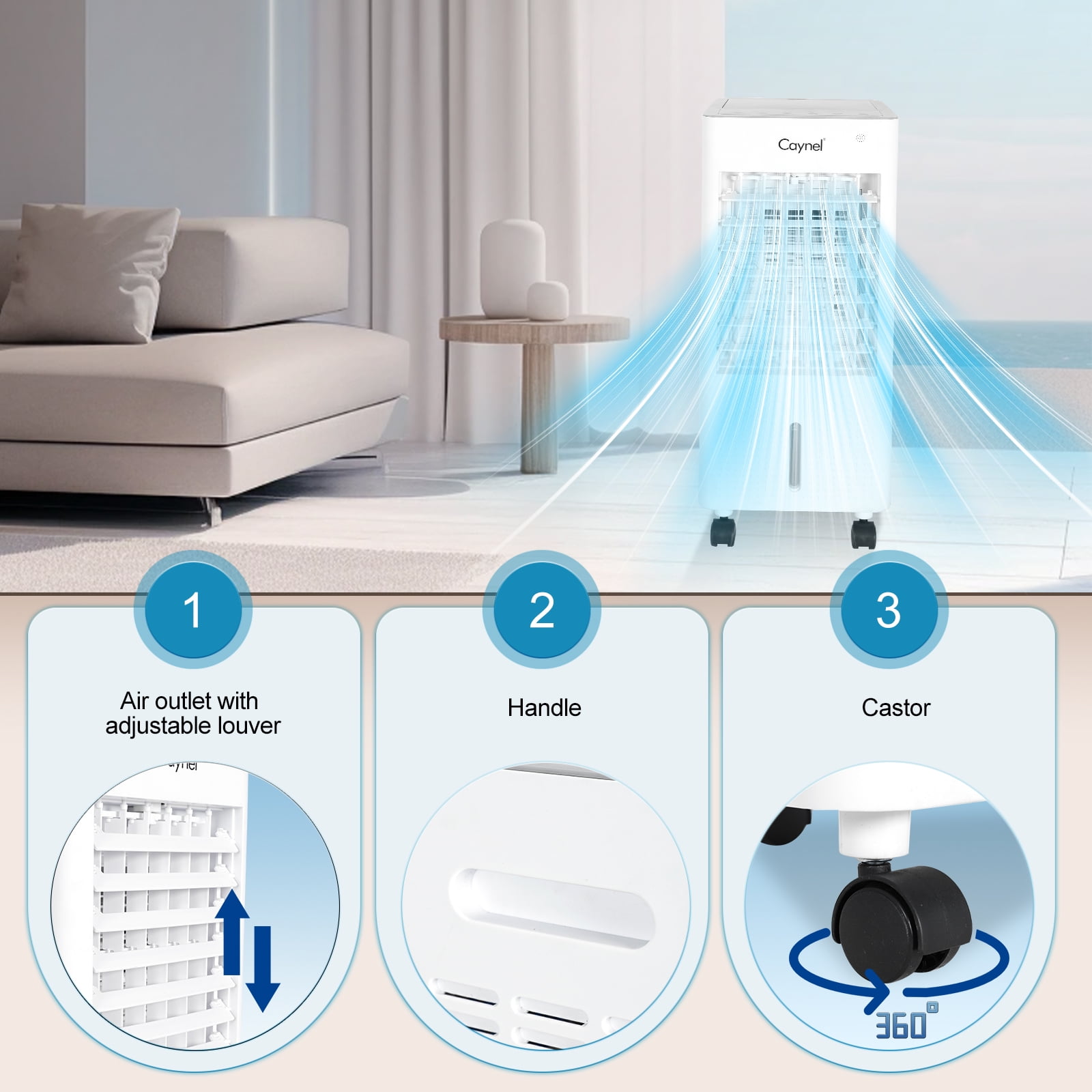 CAYNEL Portable Air Conditioners w/Remote, 4 Modes & 3 Speeds,Waterless Alert System & 1.45-Gal Tank for 20H Cooling, 7.5H Timer for Auto Off,3-IN-1 Evaporative Air Cooler for Room Bedroom Office