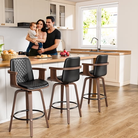 LainTene Bar Stools Set of 4, 26" Bentwood Barstools with Arms High Back, Mid-Century Modern Counter Height Swivel Bar Chairs for Kitchen Island