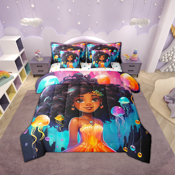 Afro 7 Piece Comforter Set Full Bed in a Bag,Mermaid American African Princess Bedding Sets Black Hair Ocean Jellyfish Sheet Set with Comforter