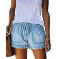 thumbnail image 2 of Womens Roll Up Stretchy Denim Shorts Elastic Waist Drawstring Comfy Short Pants Light Blue M, 2 of 7