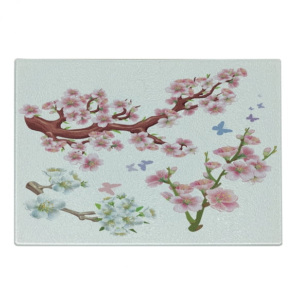 Floral Cutting Board, Composition Flowering Branches Colorful Spring Garden Theme Seasonal Art Print, Decorative Tempered Glass Cutting and Serving Board, Small Size, Pink Brown Green, by Ambesonne