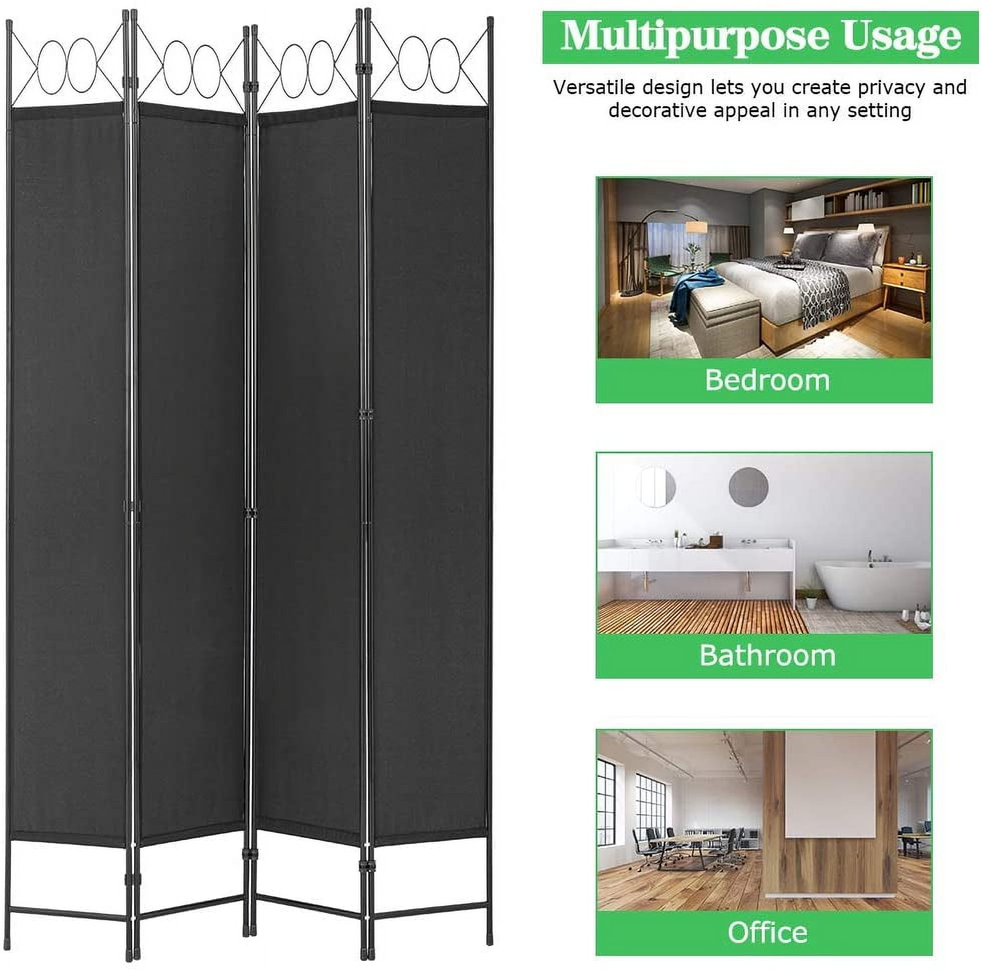 FDW 4 Panel Room Divider 6 ft Steel for Home Office Bedroom, Black