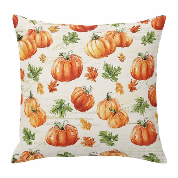 Throw Pillow Covers, Orange Pumpkins Fall Decorative Throw Pillow Covers 20x20 Inch, Rustic Leaves Thanksgiving Farmhouse Square Linen Pillow Cases for Couch/Living Room/Sofa