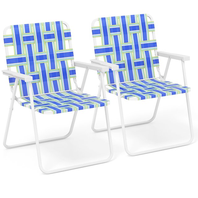 Gymax 2pcs Folding Beach Chair Camping Lawn Webbing Chair Lightweight 1 Position Blue