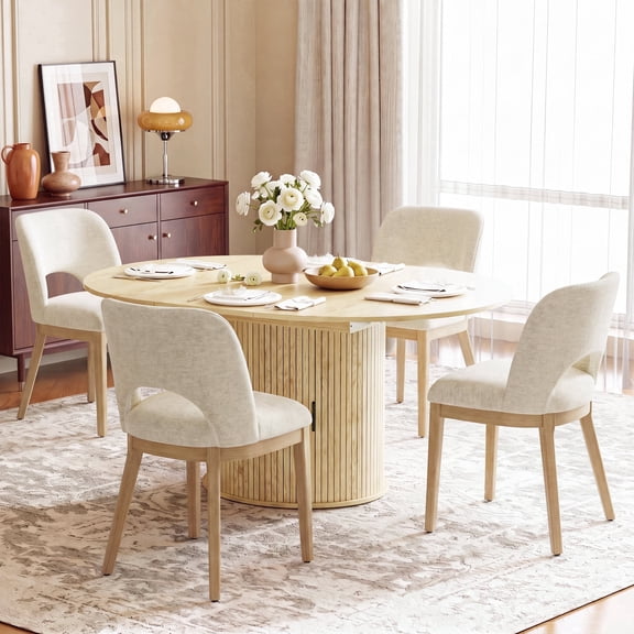 AFO Dining Chairs Set of 4, Mid-Century Modern Upholstered Kitchen Chairs with Cutout Back and Solid Wood Legs for Dining Room, Beige
