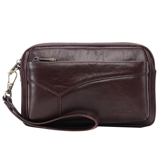 Leather Large Capacity Men's Clutch Wallet Fashion Zipper Handbag Envelope Bag Wallet Card Package(Dark Brown)