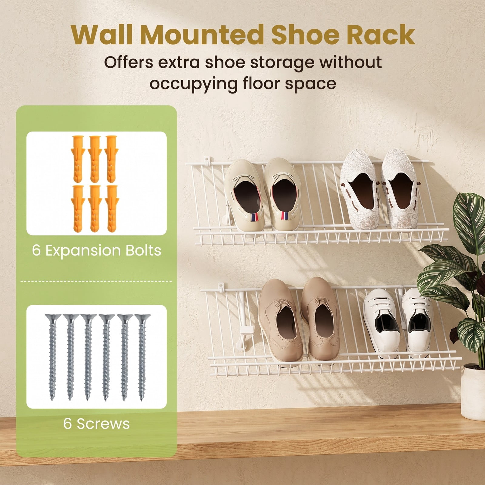 Furnibear Set of 2 Wall Mounted Metal Wire Closet Shelves and Shoe Racks for Entryway and Small Closet Organization, White