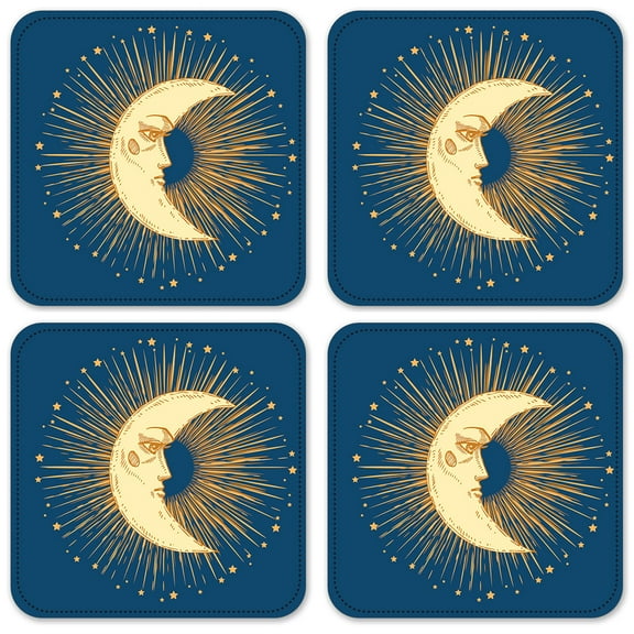 Vinyl Drink Coasters - Set of 4 - Golden Moon with Blue Background