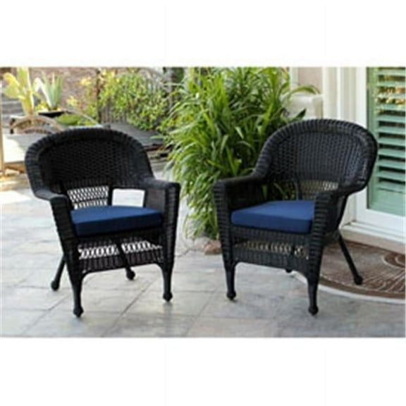 Jeco W00207-C-2-FS011-CS Black Wicker Chair with Blue Cushion - Set of 2