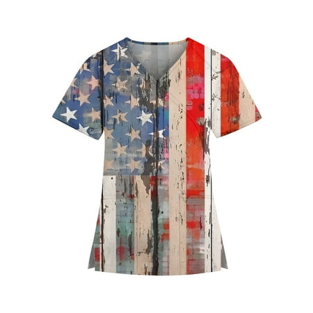 

TKing Fashion Independence Day Women Plus Size Scrubs Top V-Neck Short Sleeve Printed Pockets Work Blouse for Women Khaki XL