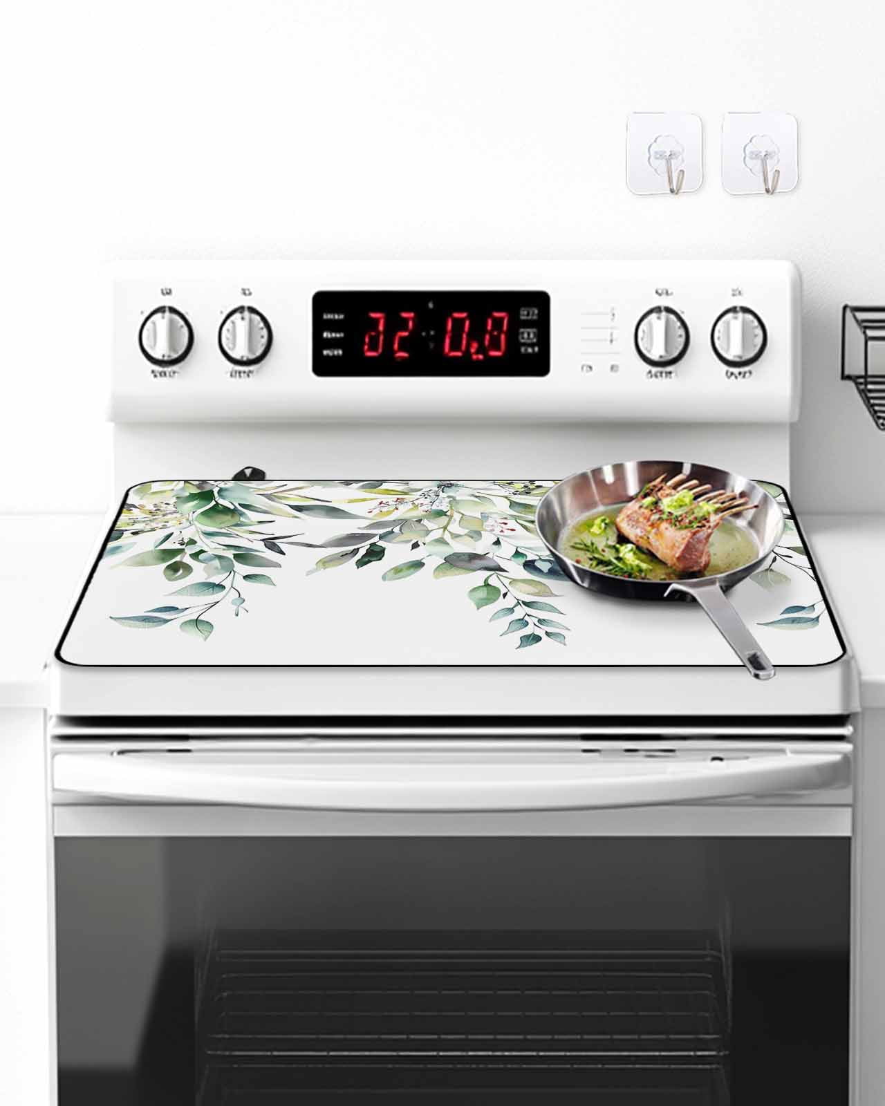 Stove Top Covers for Electric Stove, Eucalyptus Leaves Glass Stovetop Cover Protector, Watercolor Weeping Teal Botanical Induction Cooktop Protector Oven Mat for Kitchen Countertop 24"x21"