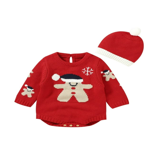 MesaSe Ensemble de Noël 2 Pcs pour Bébé Nourrisson, Barboteuse Tricotée à Manches Longues avec Encolure + Ensemble Bonnet