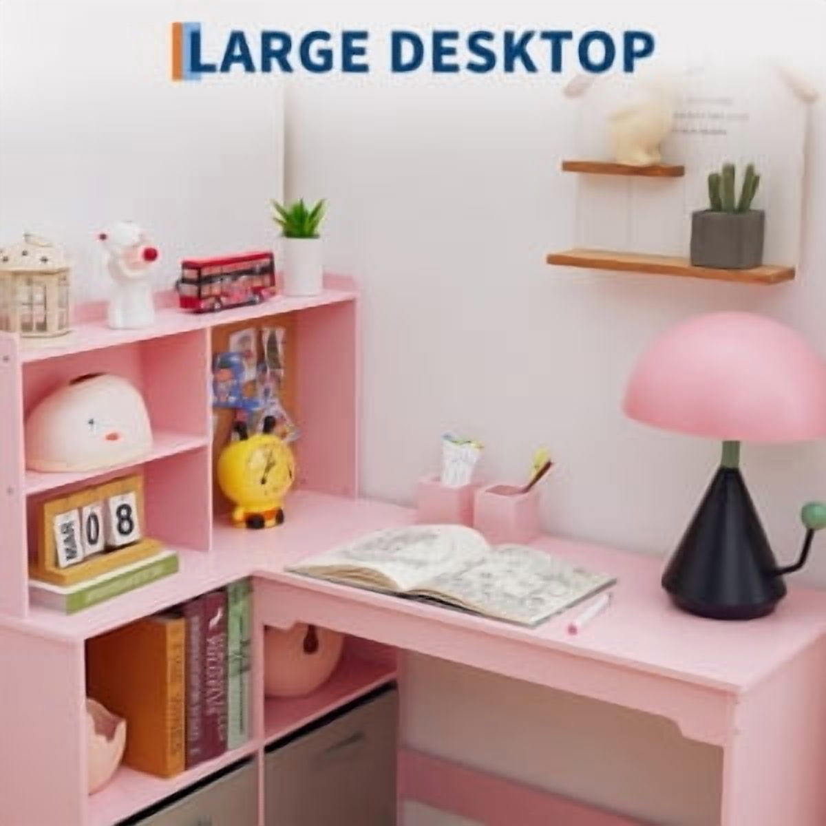 Juiluna Kids Corner Desk, Desk and Chair Set for Children, L Shape Kids Study Table - Features Bulletin Board Open Shelves & Storage Cabinets and Cloth Drawers, White/Pink