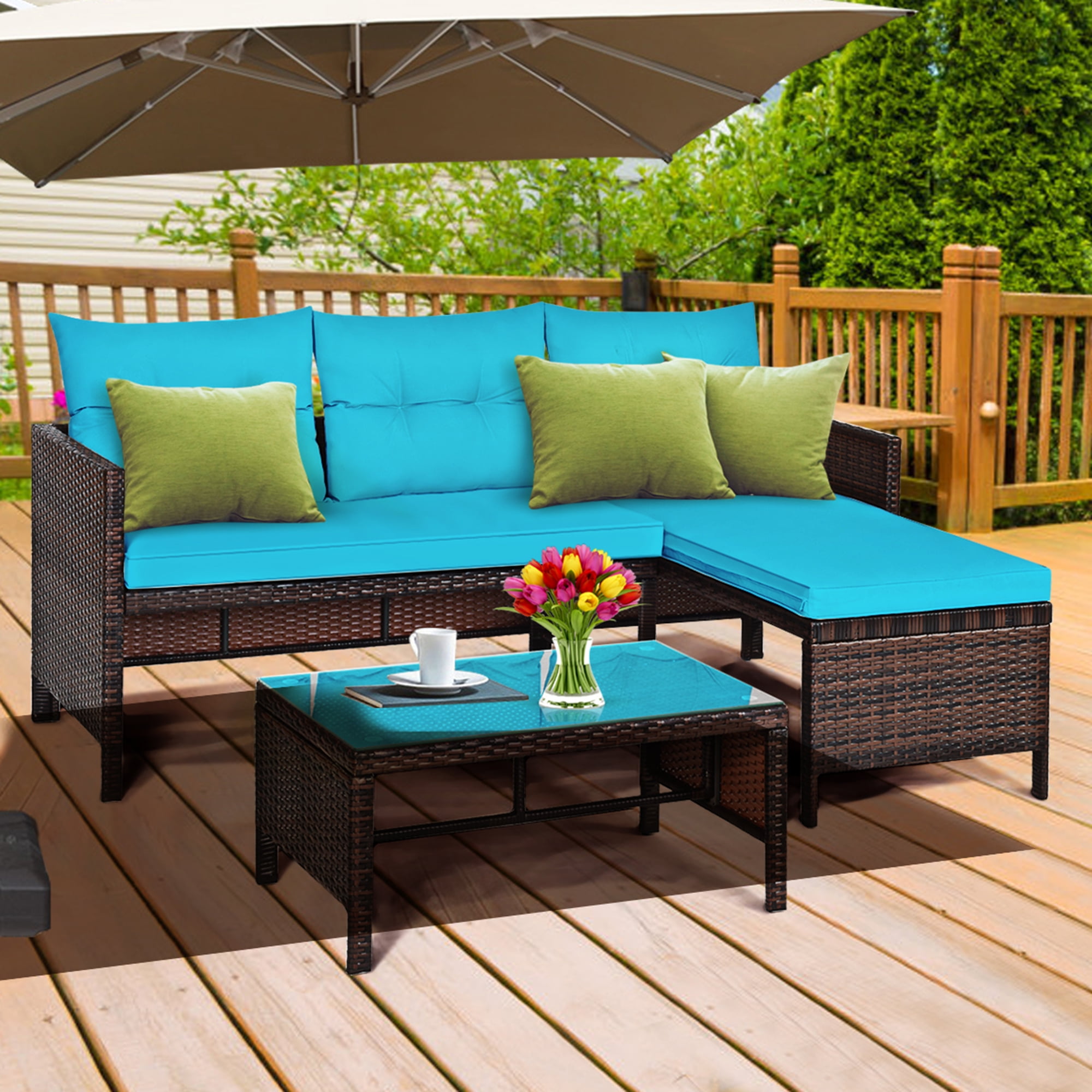 Gymax 3PCS Outdoor Rattan Furniture Set Patio Couch Sofa Set w