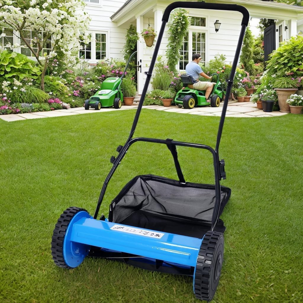 Elleree 14-Inch Push Reel Lawn Mower, 5-Blade Manual Lawn Mower with Grass Catcher for Courtyards Yard & Garden Grass Cutting