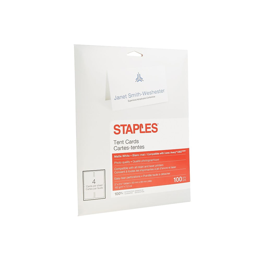 Staples 14634 CC Laser Inkjet Tent Cards Matte White 100 Pack 