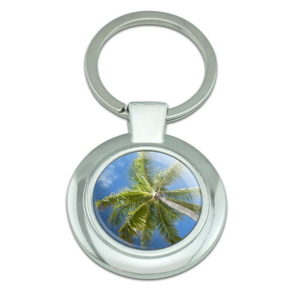 Palm Tree and Sky Classy Round Chrome Plated Metal Keychain