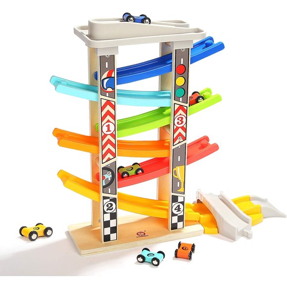 Toddler Car Track Toys for Boy 2 Year Old Gifts with Car Ramps 6 Wood Race Car 1 Parking Garage & Extra Bridge