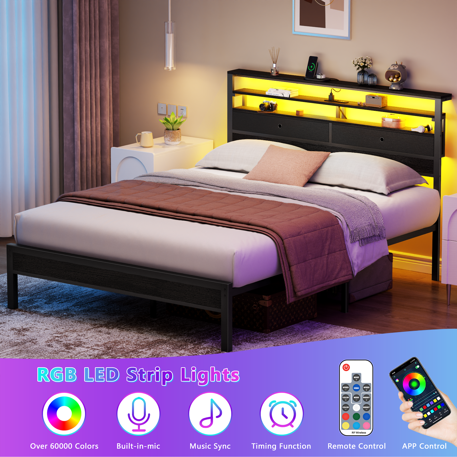 BYT Queen Size Bed Frame with 2 Storage Drawers Headboard, LED & Charging Station, Black oack