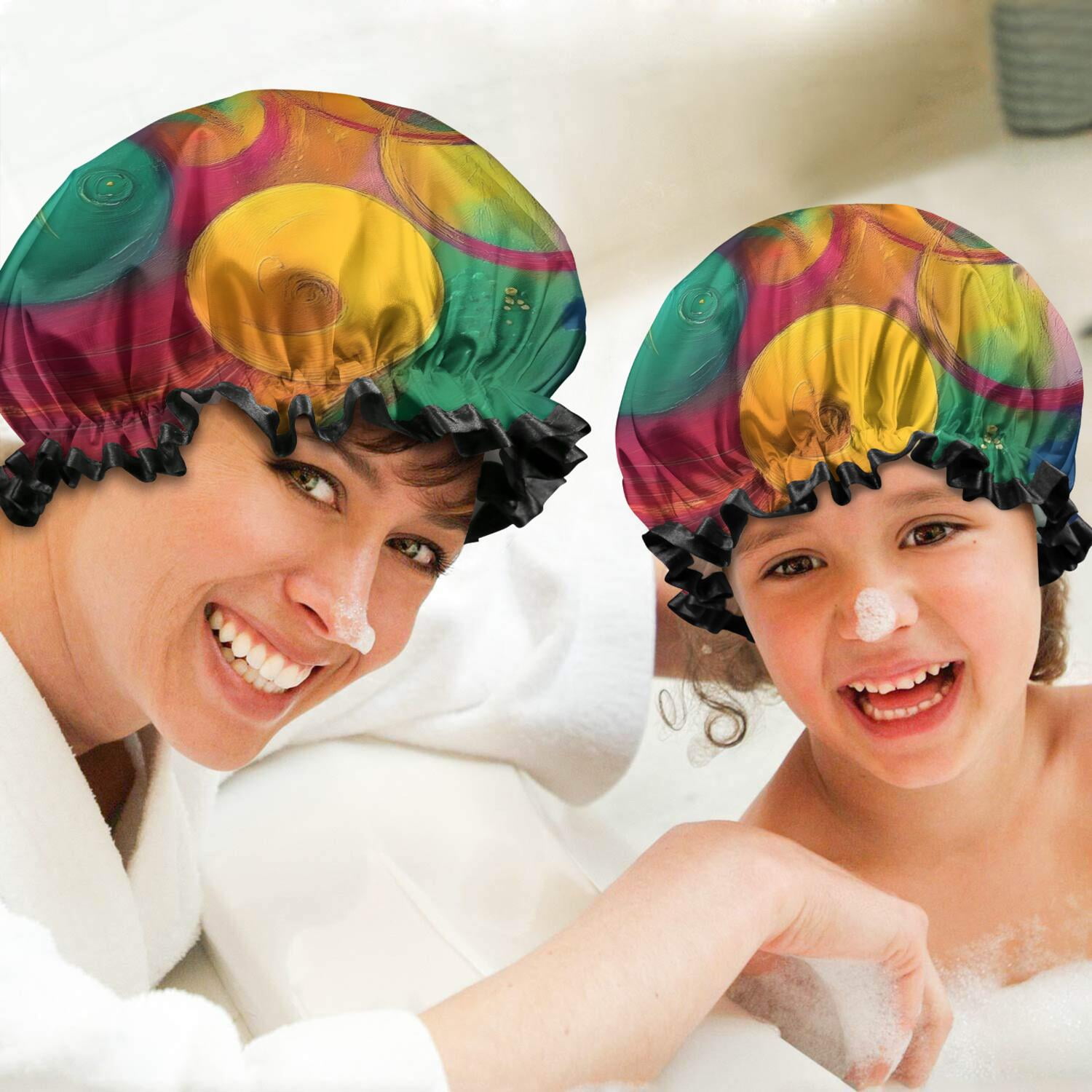 Shower Caps,Colorful Circular Pattern Waterproof Shower Cap for Women 4 Pieces,Double Reusable Hair Cover for Shower PEVA Elastic Stretch Hem