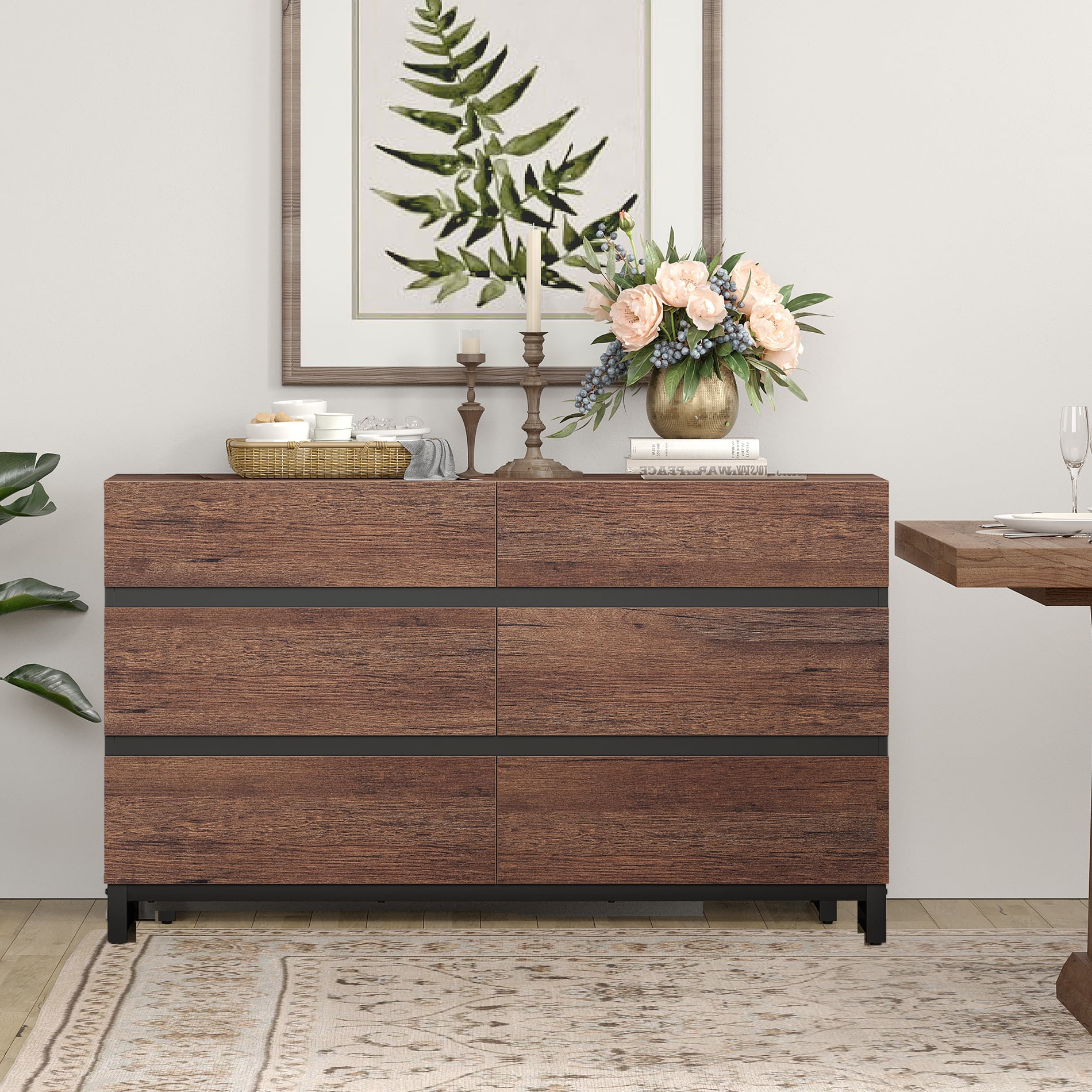 1 PCS Dresser For Bedroom, Closet Organizers And Storage With 6 Drawers, Chest Of Drawers With Metal Base, Modern Wood Dresser,Brown