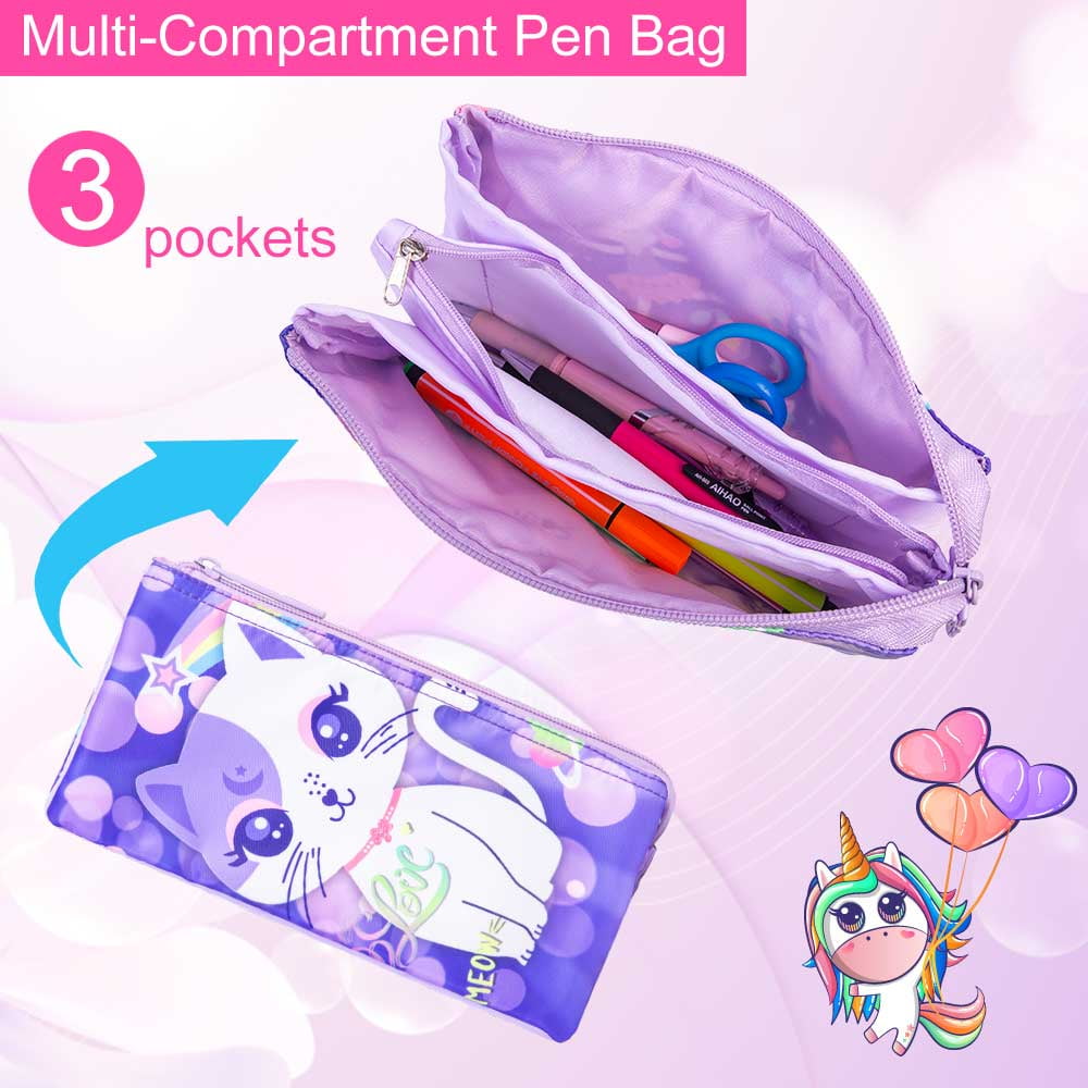 AGSDON 3PCS Cat Backpack for Girls, 16" Kids Sequin Bookbag with Lunch Box, Water Resistant School Bag for Elementary Preschool Toddler