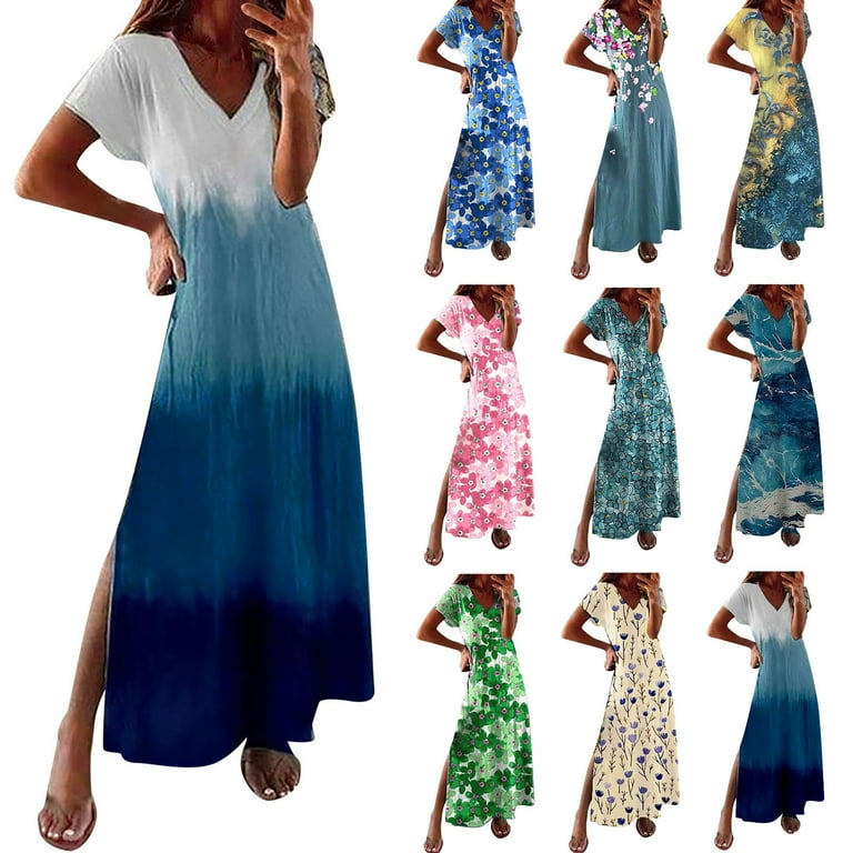 nsendm Cotton Knit Dress Women Maxi Dress Summer Spring Short Sleeve Split  Long Dress V Neck Tunic Long Sleeve Women Dress Blue X-Large - Walmart.com