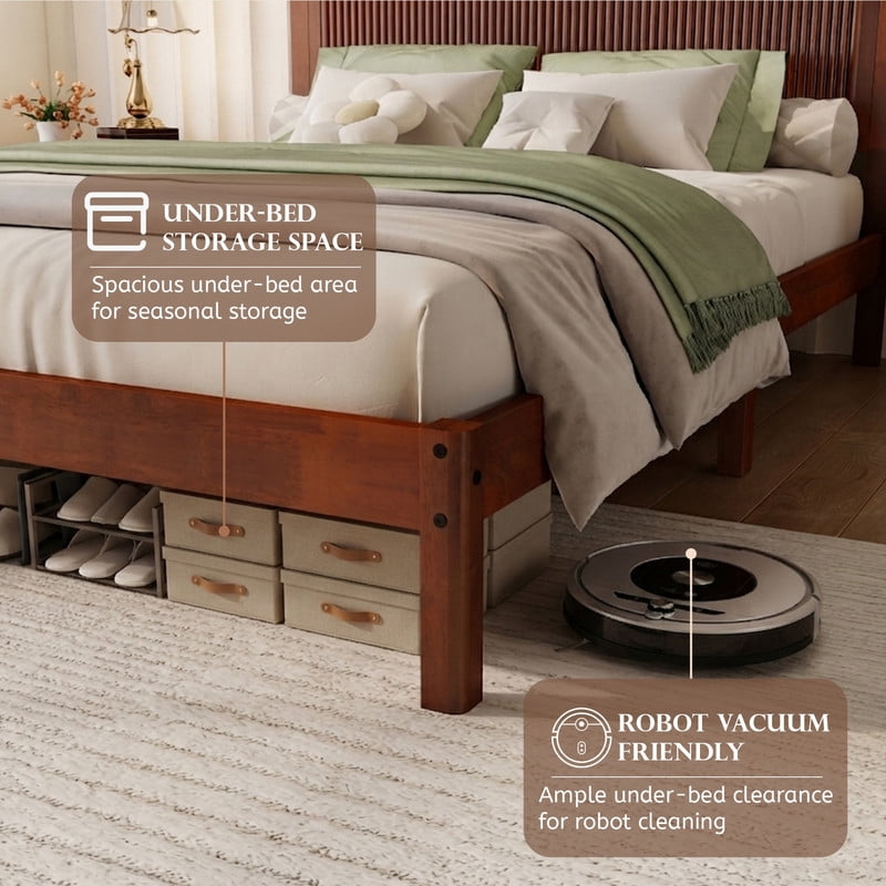 Queen Size Wood Bed Frame with Wave-Fluted Headboard, Low-Profile Platform Bed with Central Support Legs and Under-Bed Space