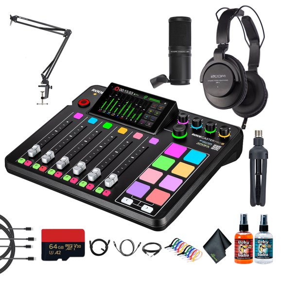 RODE RODECaster Pro II + Studio Headphones + Podcast Microphone + 64GB Micro SD Memory Card + Mic Arm Stand + 10 Foot XLR + 2x USB-C + 1/4 TRS + More (Bundle)