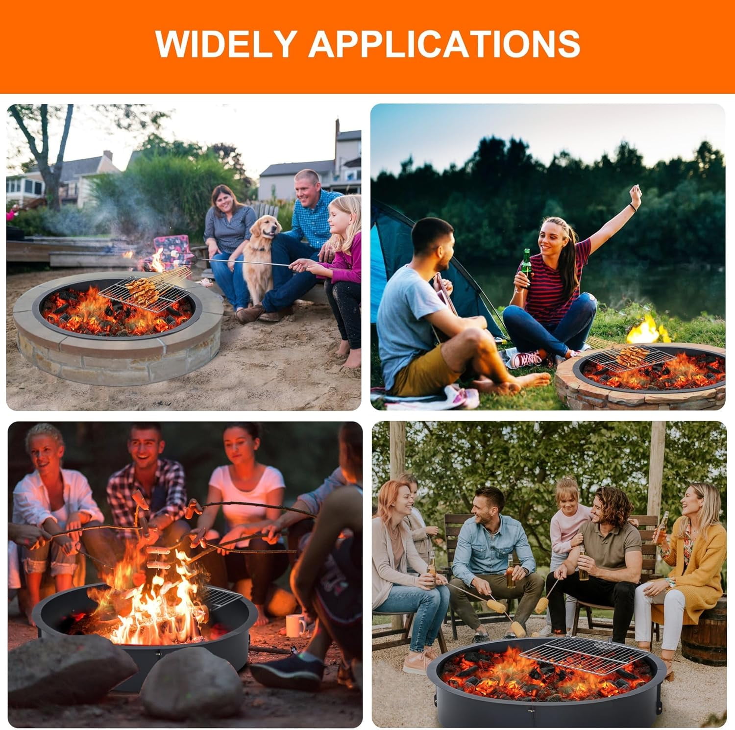 Acekid 45x39x10-Inch Smokeless Fire Pit Ring Insert, Heavy Duty Round Wood Burning Outdoor Fireplaces with Stainless Steel BBQ Mesh and Hook, Black