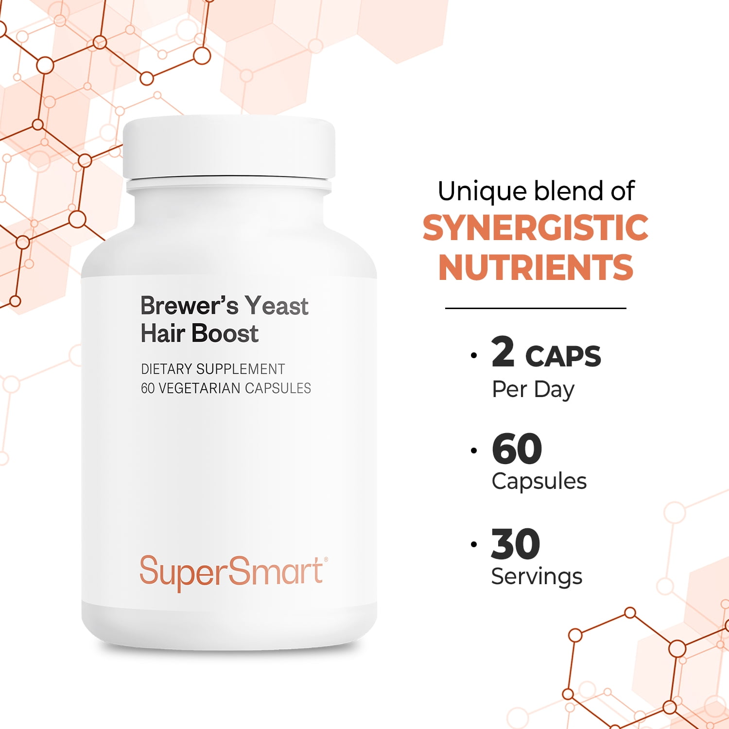 SuperSmart Brewer's Yeast Hair Boost (Advanced Formula) - with Saccharomyces Cerevisiae, Zinc, Biotin - Hair Supplement | Non-GMO - 60 Vegetarian Capsules