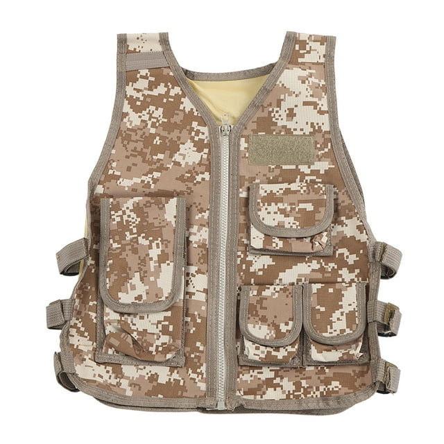 Chaleco de combate para niños, de tela Oxford, ajustable en la cintura, con múltiples bolsillos, para senderismo, montañismo, camuflaje, talla L