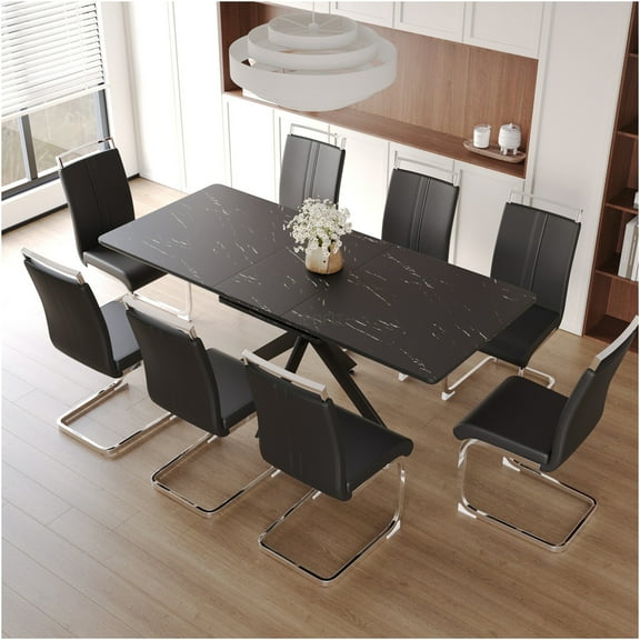JERFIT Expandable Dining Table Set for 8 with Chairs, Modern Kitchen Table with X-Shaped Metal Legs, Black