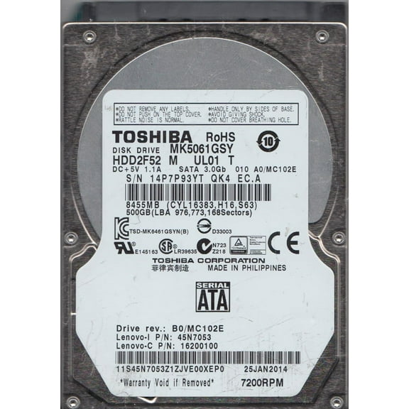 MK5061GSY, A0/MC102E, HDD2F52 M UL01 T, Toshiba 500GB SATA 2.5 Hard Drive