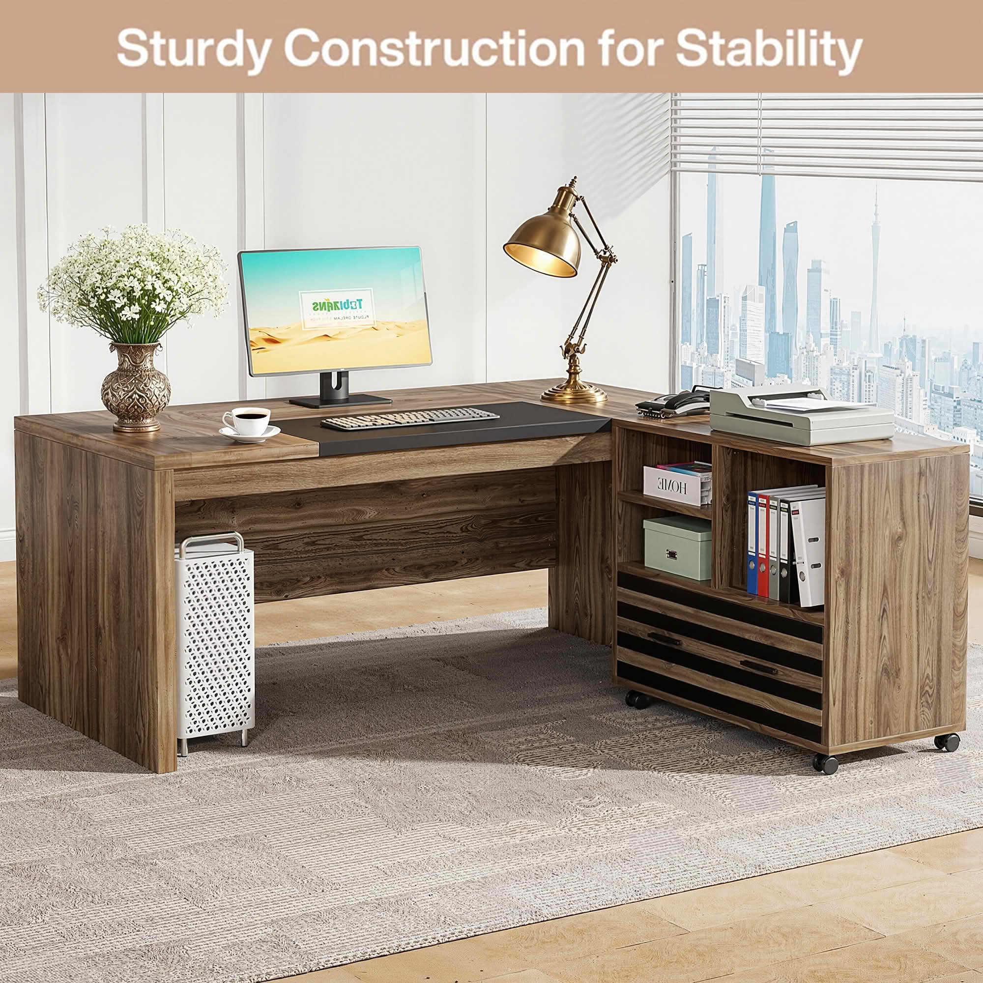 MAYEERTY 66.2" L-Shaped Executive Computer Desk with Rolling Mobile File Cabinet, Water & Scratch Resistant Thick MDF Workstation, 450 LBS Weight Capacity with Lockable Casters for Home Office