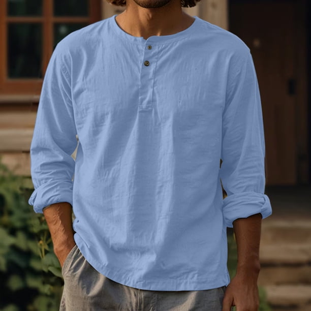 Ceisia Men's Cotton-Linen Henley Neck T-Shirt | Relaxed Long-Sleeve Solid Casual Top Gift
