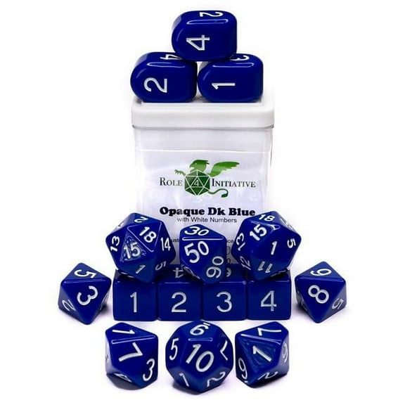 Role 4 Initiative R4I50008-FC Dice, Opaque Dark Blue with White Number - Set of 15