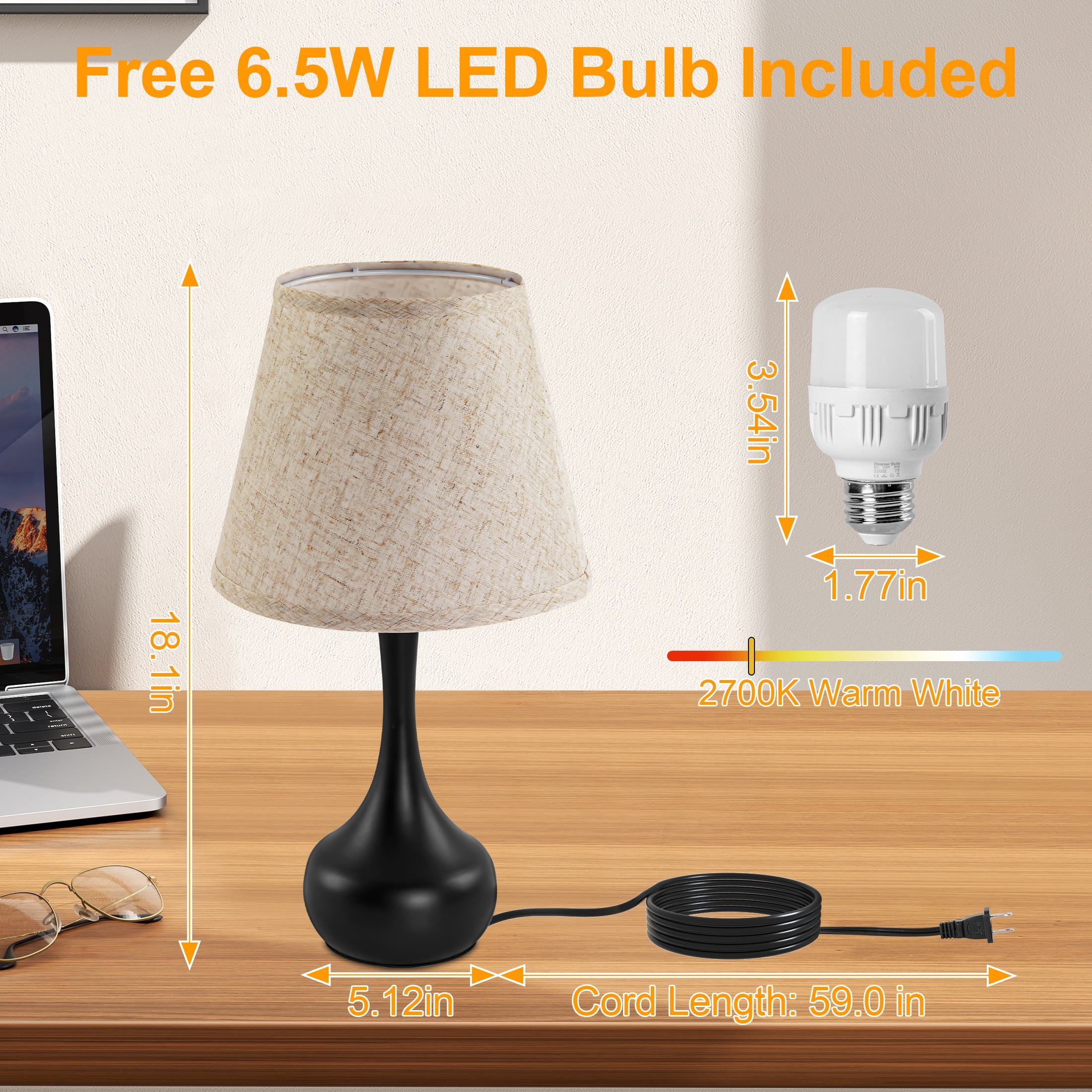 LOFTER-PRO Touch Table Lamps for Bedroom, 3-Way Dimmable Bedside Lamp - Home Decor, Touch Controlled Small Light For Bedroom, Living Room, Office, Desk (Including LED Bulbs)