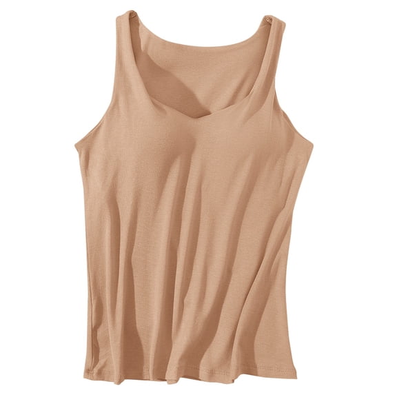 Sillenn Built In Bra Tank Tops V Neck Vest Casual Basic Tanks U Neck Built In Bra Top Wide Strap Camisole Double Layered Tank Tops Knitted Tank Tops Summer Sleeveless Shirts Beige L