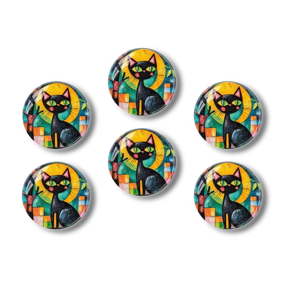 Glass Refrigerator Magnet 6Pcs Magnetic Fridge Sticker,Decor for Kitchen,Whiteboard,Cabinet,Black Cat With Artistic Sun Background
