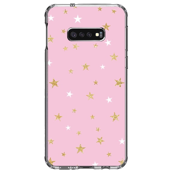 DistinctInk Clear Shockproof Hybrid Case for Samsung Galaxy S10e (5.8" Screen) - TPU Bumper, Acrylic Back, Tempered Glass Screen Protector - Pink & Gold Print - Stars Pattern