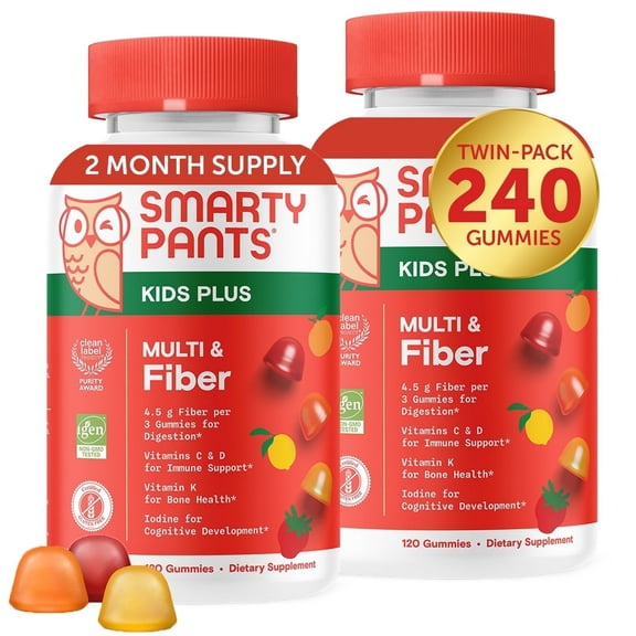 SmartyPants Kid's Plus Multivitamin & Fiber Gummies, 2-Pack, Improved Formula, 4.5g Fiber Per Gummy, 120 Ct
