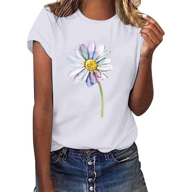 Hauts d'Été pour Femmes, Blouses Décontractées Élégantes 2024, T-Shirts à Manches Courtes Imprimés, Col Rond, Ample, Blanc