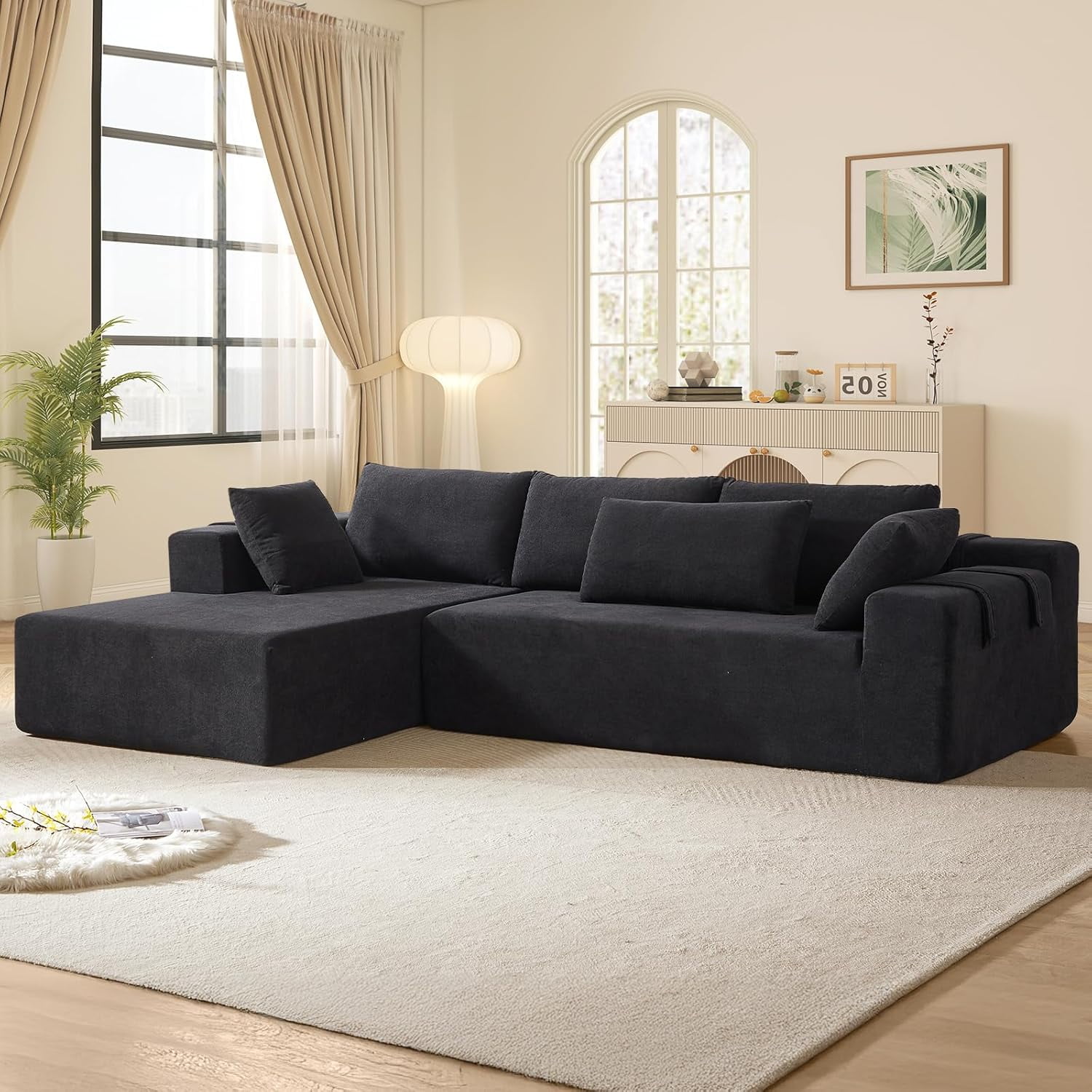 AENKYO 108" Chenille L-Shaped Sectional Sofa Set with 6 Pillows, Free-Combination Modular Couch for Living Room, Black, Left-Facing Chaise